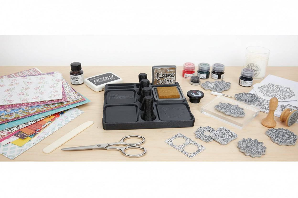 Set of black tools and ink pads on a white surface with a wooden edge.