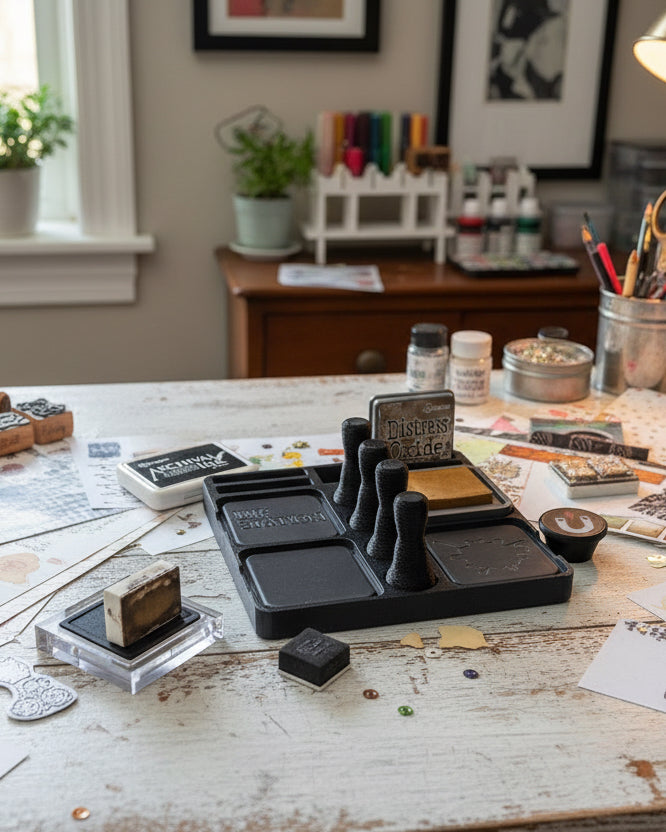 Set of stamps and stamping tools in a black holder on a white surface