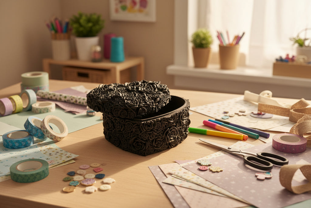 Black floral-patterned box on a crafty desk.