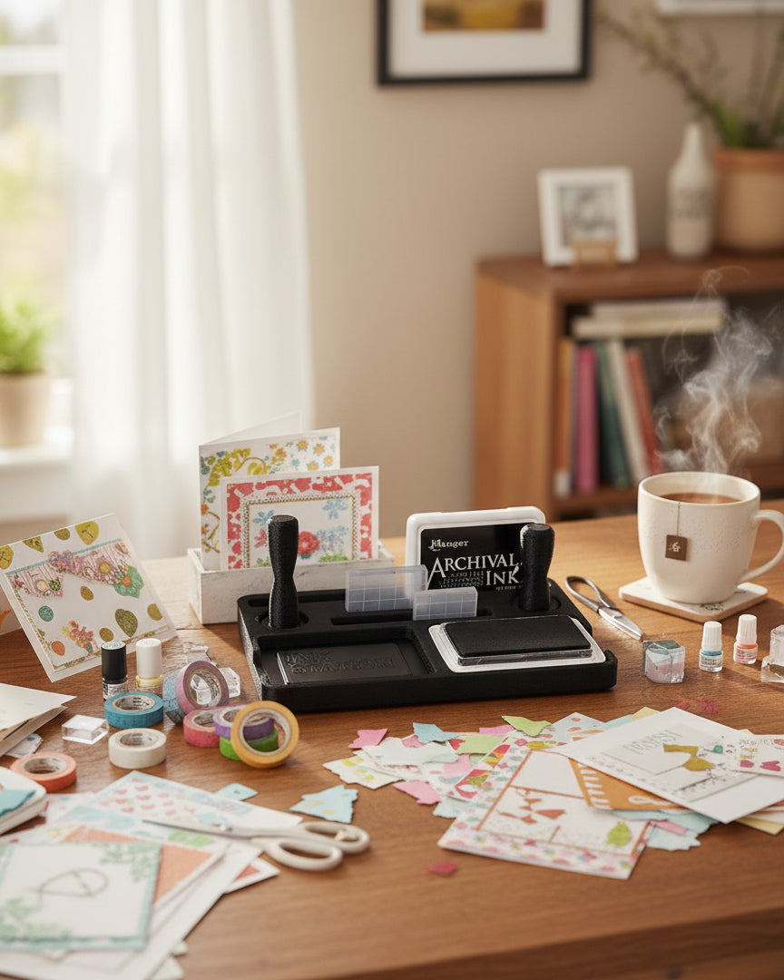 Black ink pad and ink cartridge on a white background