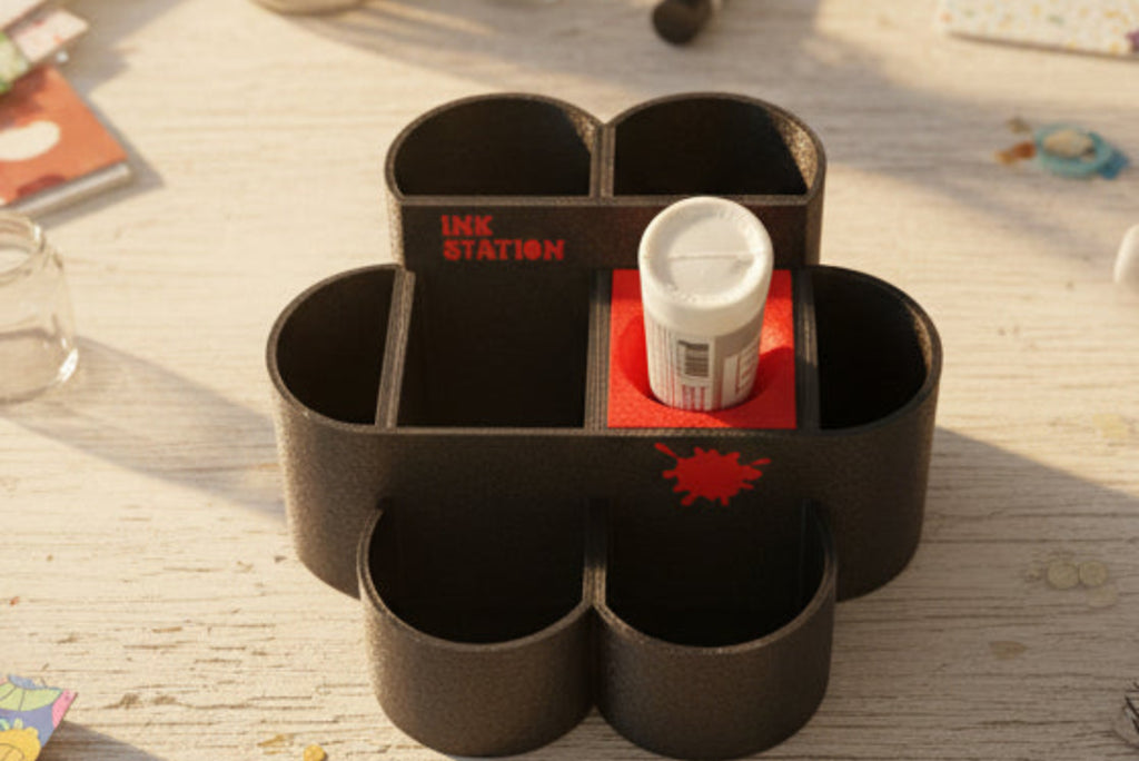 Black ink station with red accents on a white background