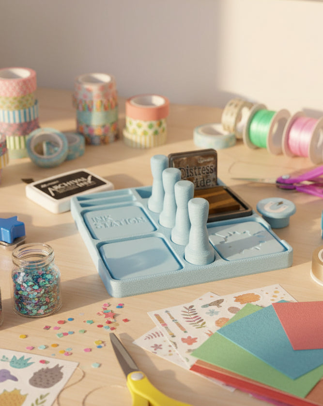 Blue ink pad with stamps and ink pads on a white surface