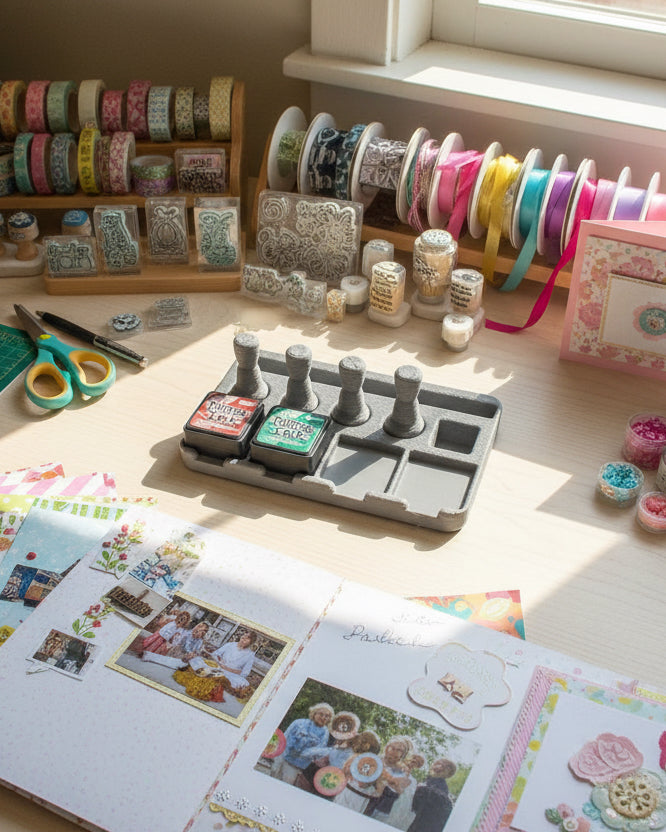 Gray ink pad holder with two 'Distress Ink' containers on a white background