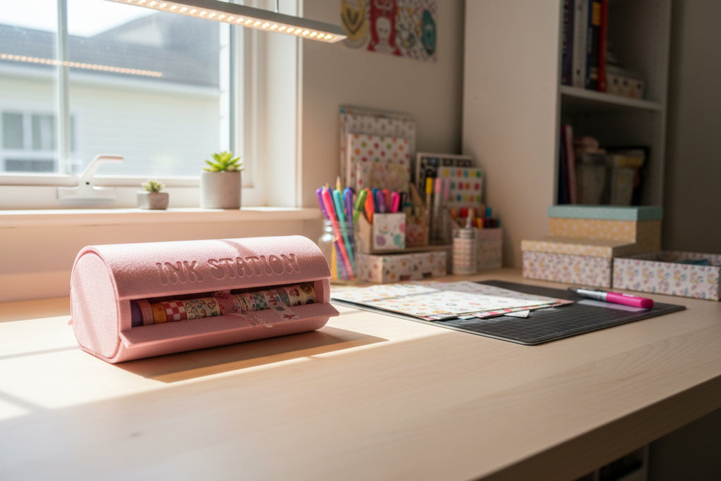 Pink stationery set with washi tape in a box on a white background