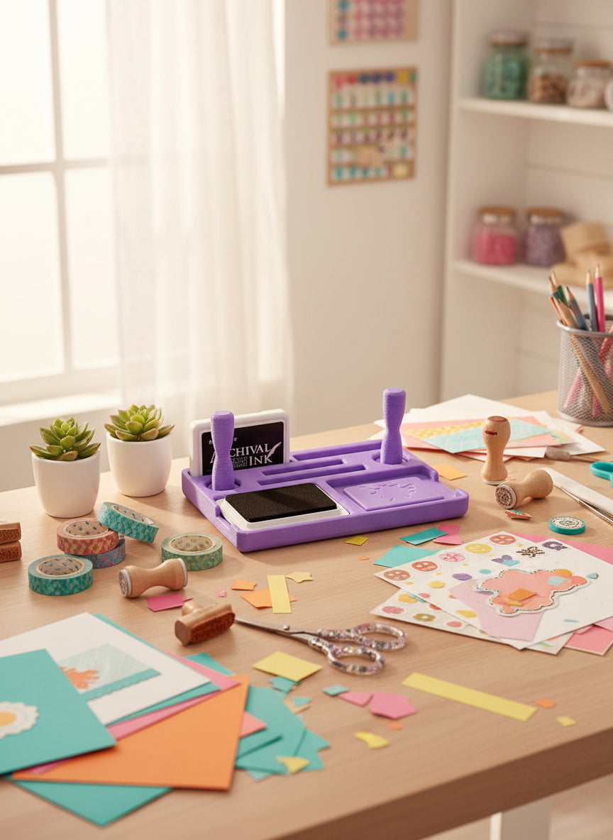 Crafting station with paper, stamps, and a purple die-cutting machine on a wooden table.