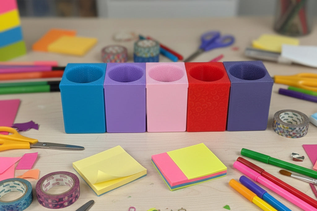 Stack of colorful building blocks in a corner of a white shelf.