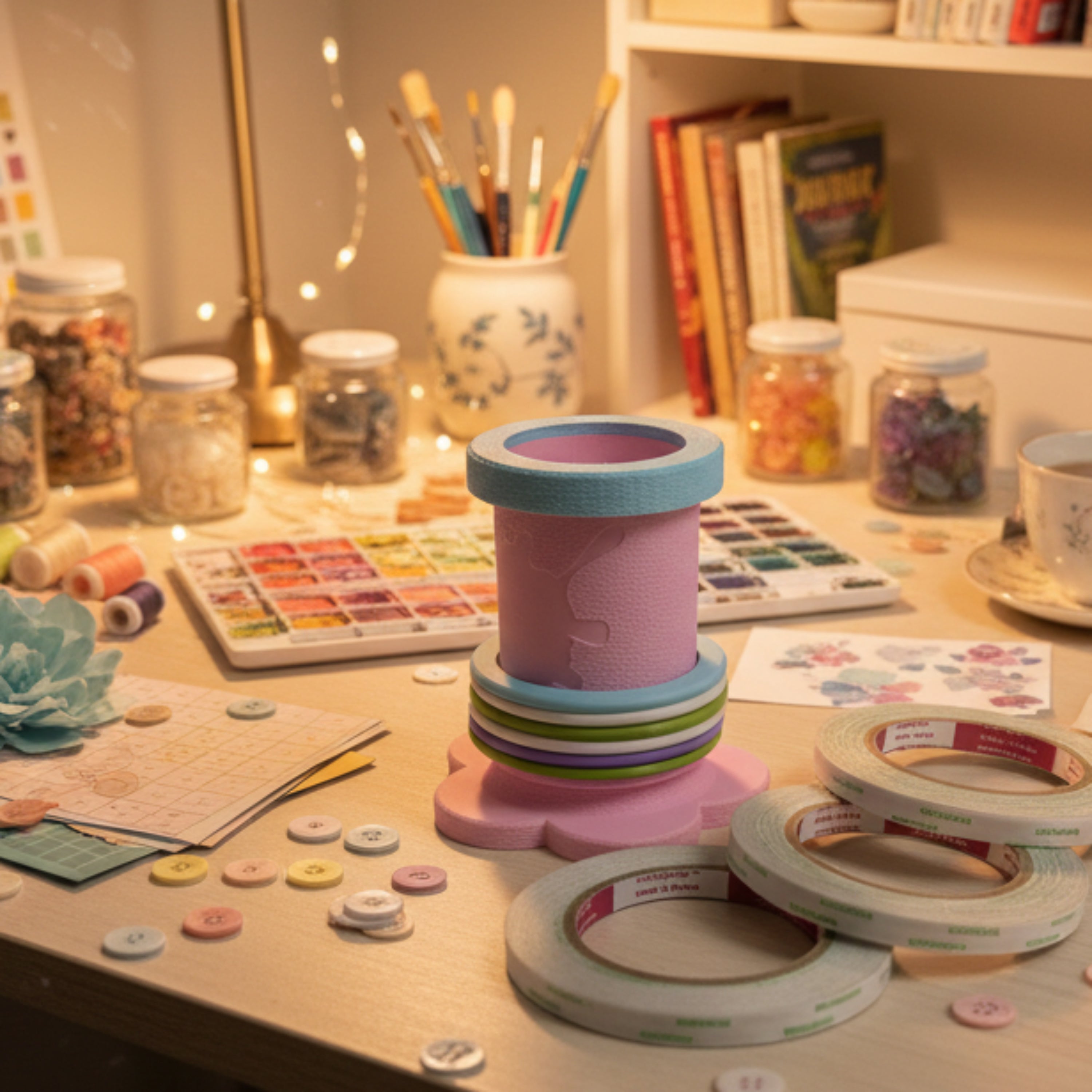 Three rolls of tape on a white surface with a pink and blue spool.