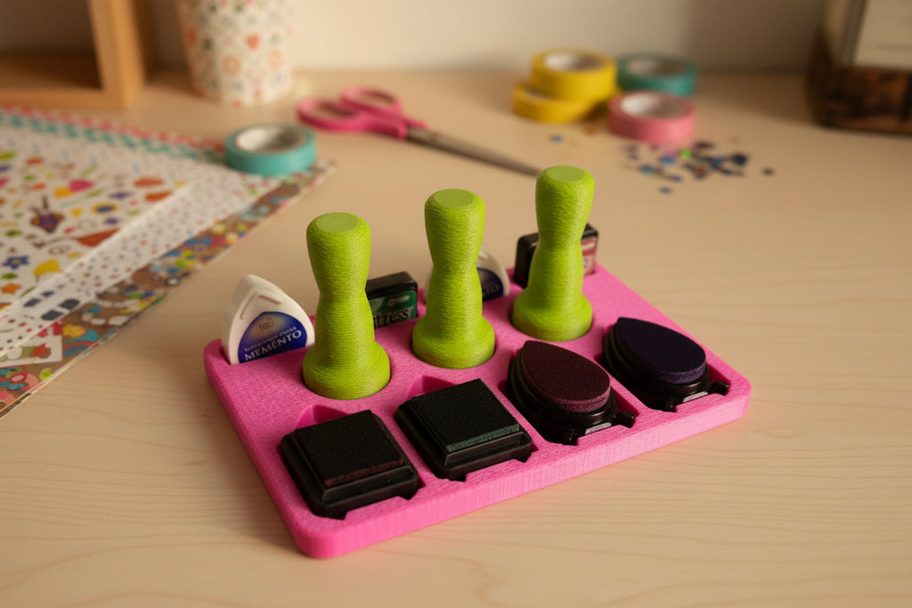 Pink tray with green dumbbells and black and white containers on a white background