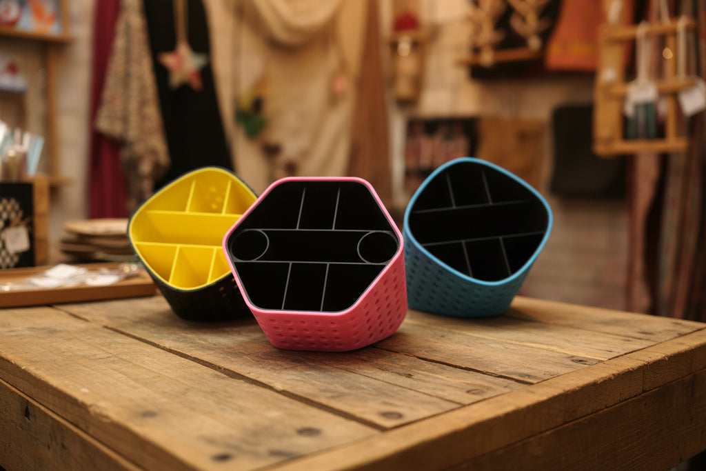 Three geometric-shaped containers in blue, pink, and yellow on a white surface.