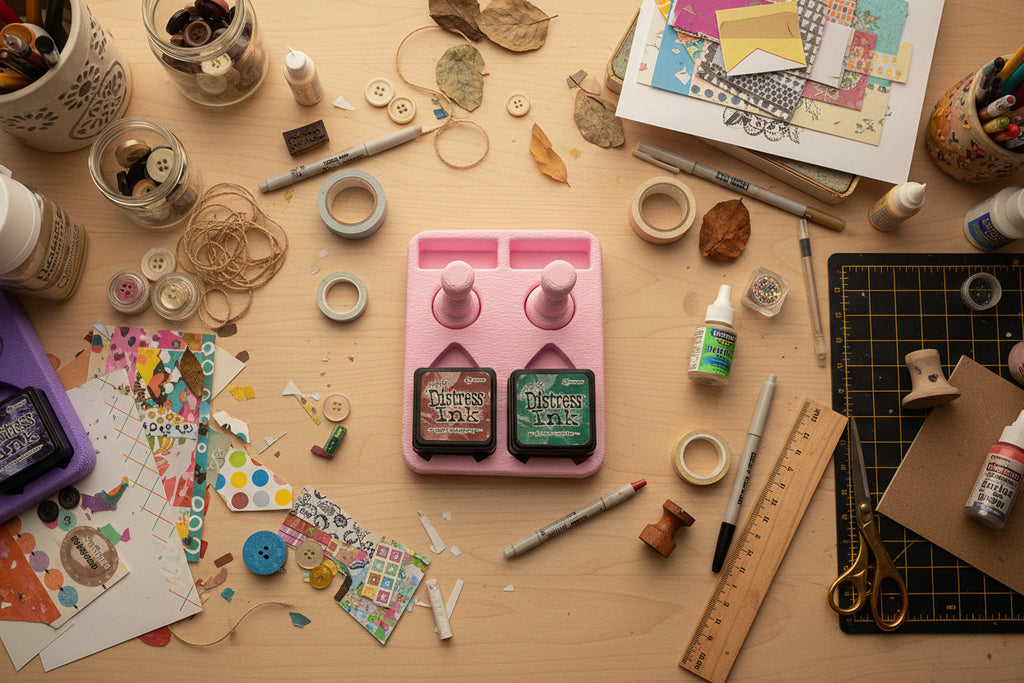 Two ink pad holders, one pink and one purple, with ink pads on a white surface.