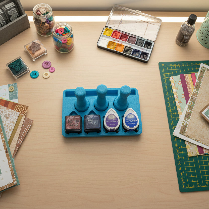 Blue holder with four small containers on a white background