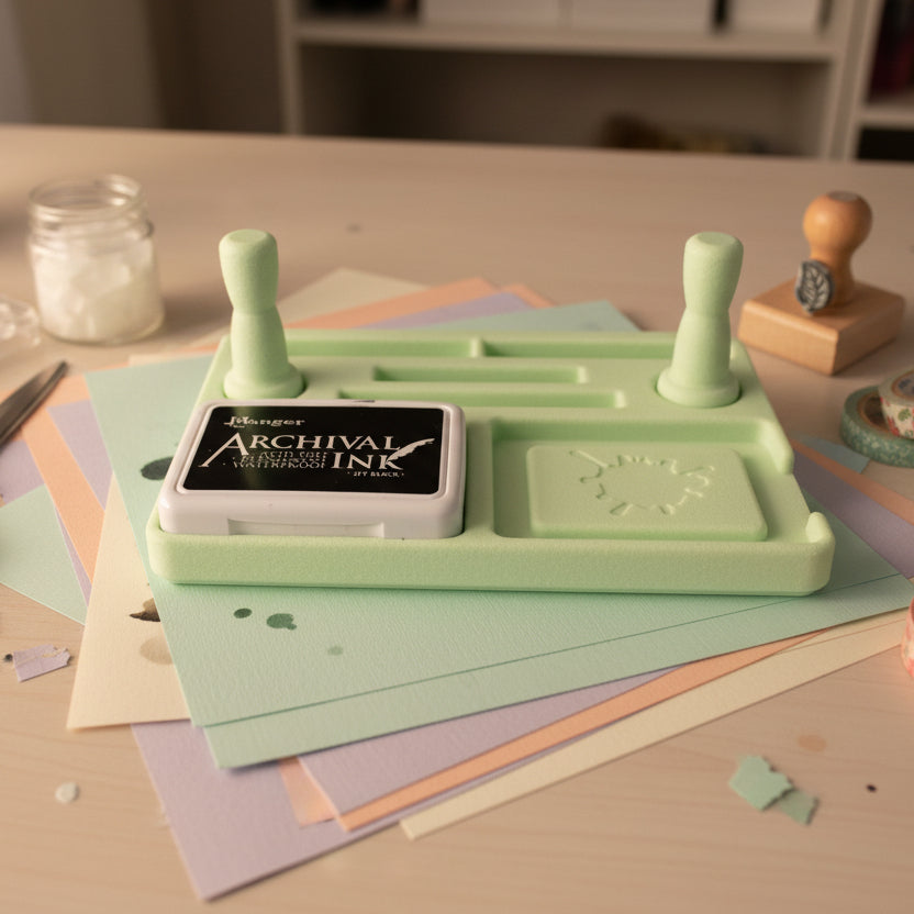 Green ink cartridge holder with 'Archival Ink' cartridge on a white background