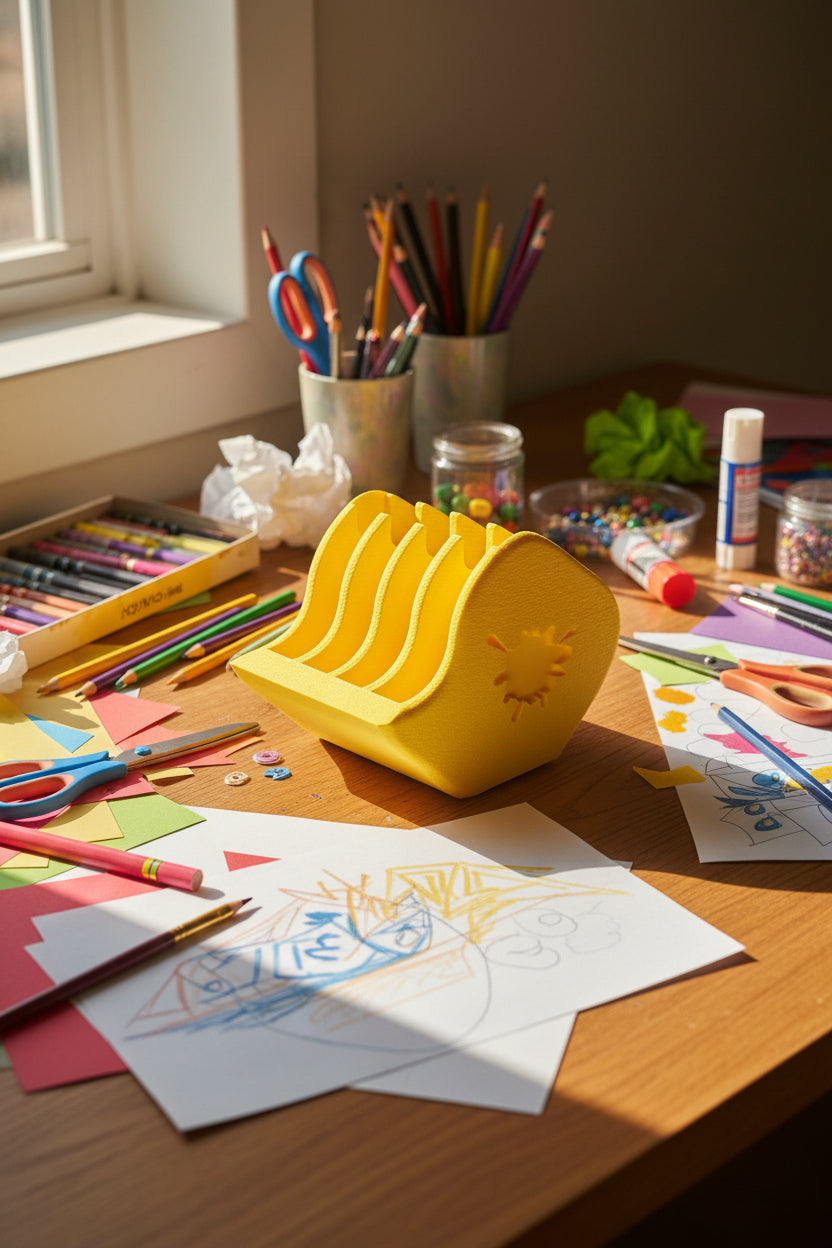 A bright yellow silicone accessory with multiple vertical ridges and a small embossed logo, displayed on a black circular stand inside a lightbox with a white background.