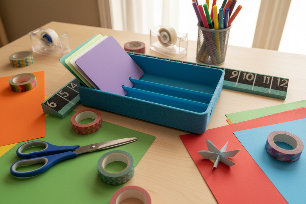 A teal blue plastic organizer tray with three compartments, shown with several colorful cardstock tabs (purple, green, yellow) leaning inside. The tray is photographed on a white background with a silver foil sheet on the left and small measuring blocks visible in the background.