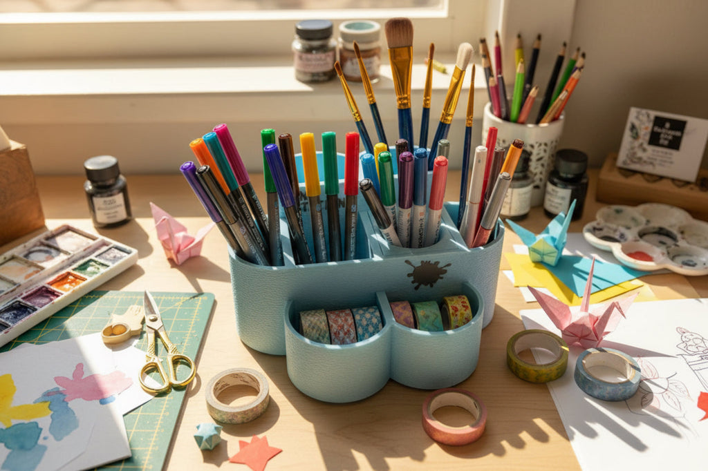 Blue ink station holder with multiple compartments on a white surface