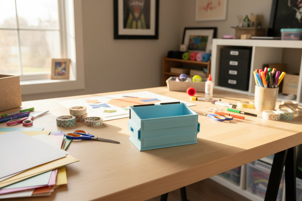 Small blue plastic container inside a larger white container