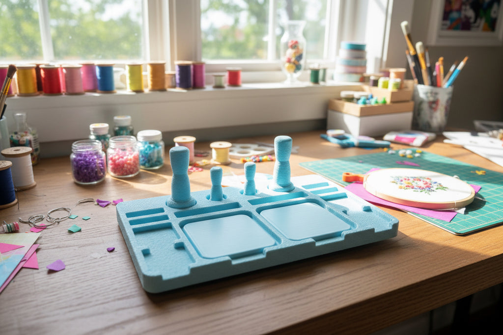blue plastic ink pad holder on desk