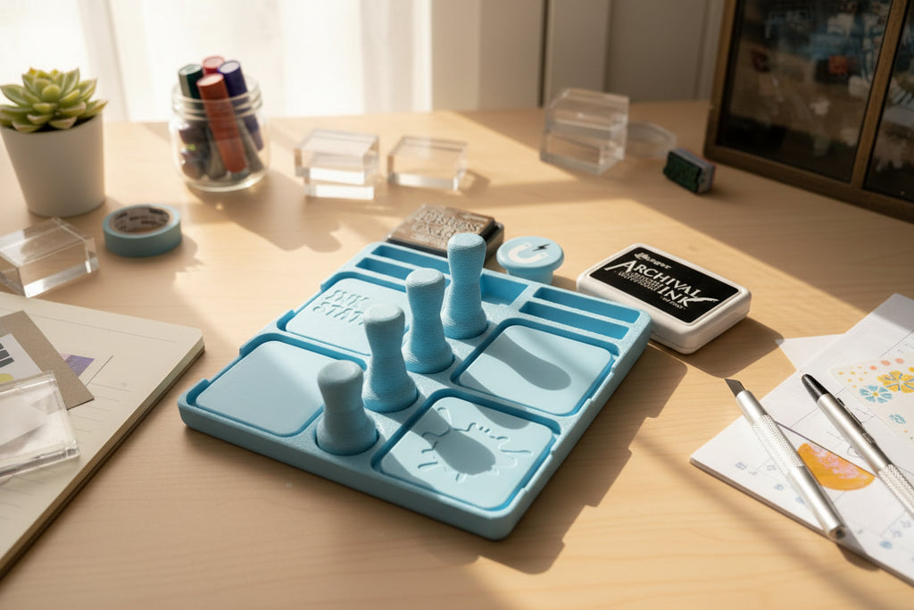 Blue stamping station with ink pads and stamps on a white surface