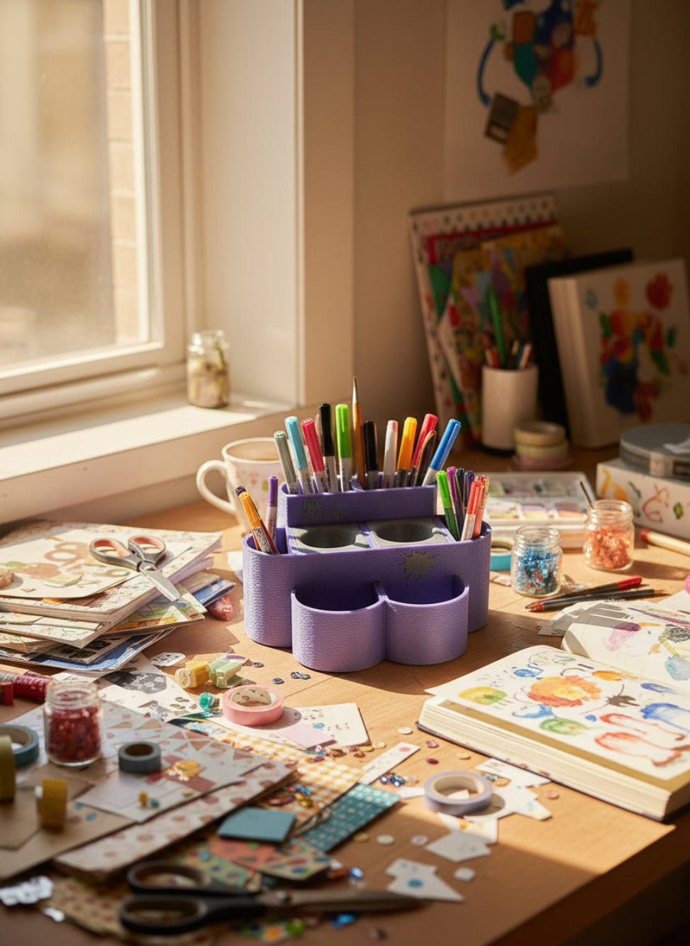 Purple multi-compartment organizer with gray centers on a white background