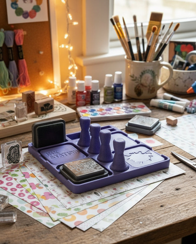 Purple stamp holder with stamps on a white surface