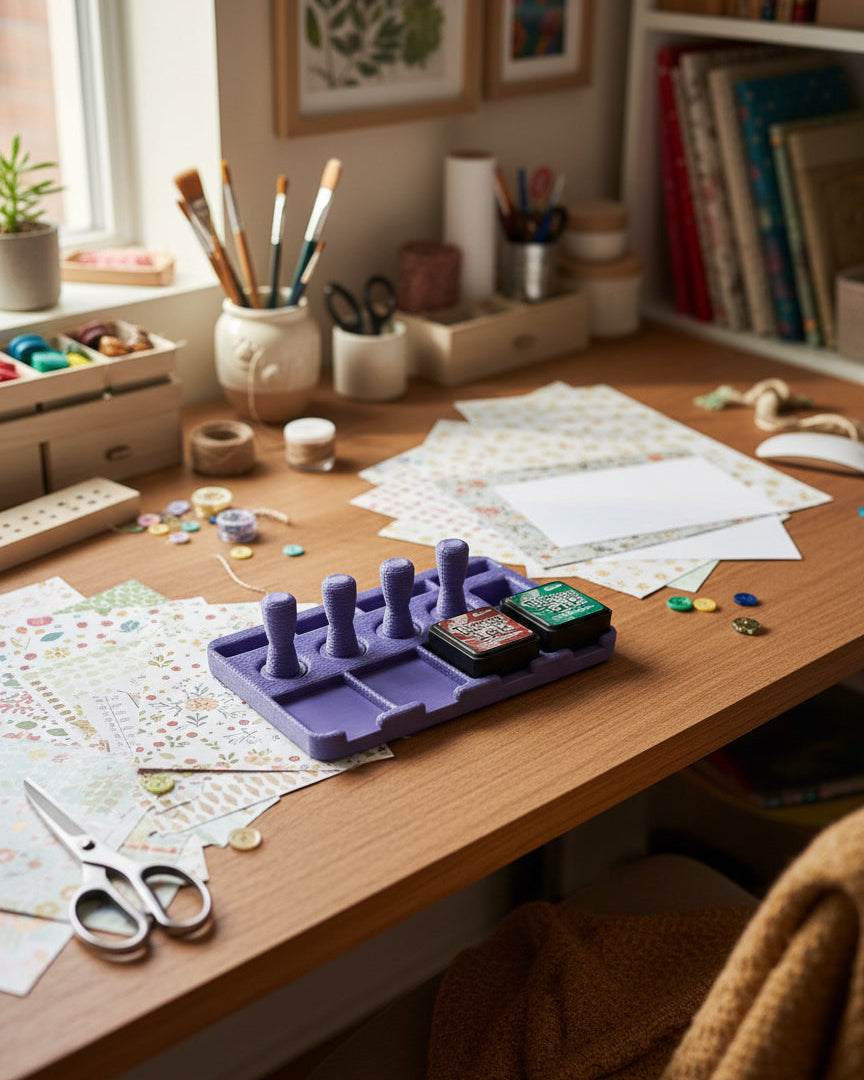 Purple ink pad holder with two 'Distress Ink' containers on a white background