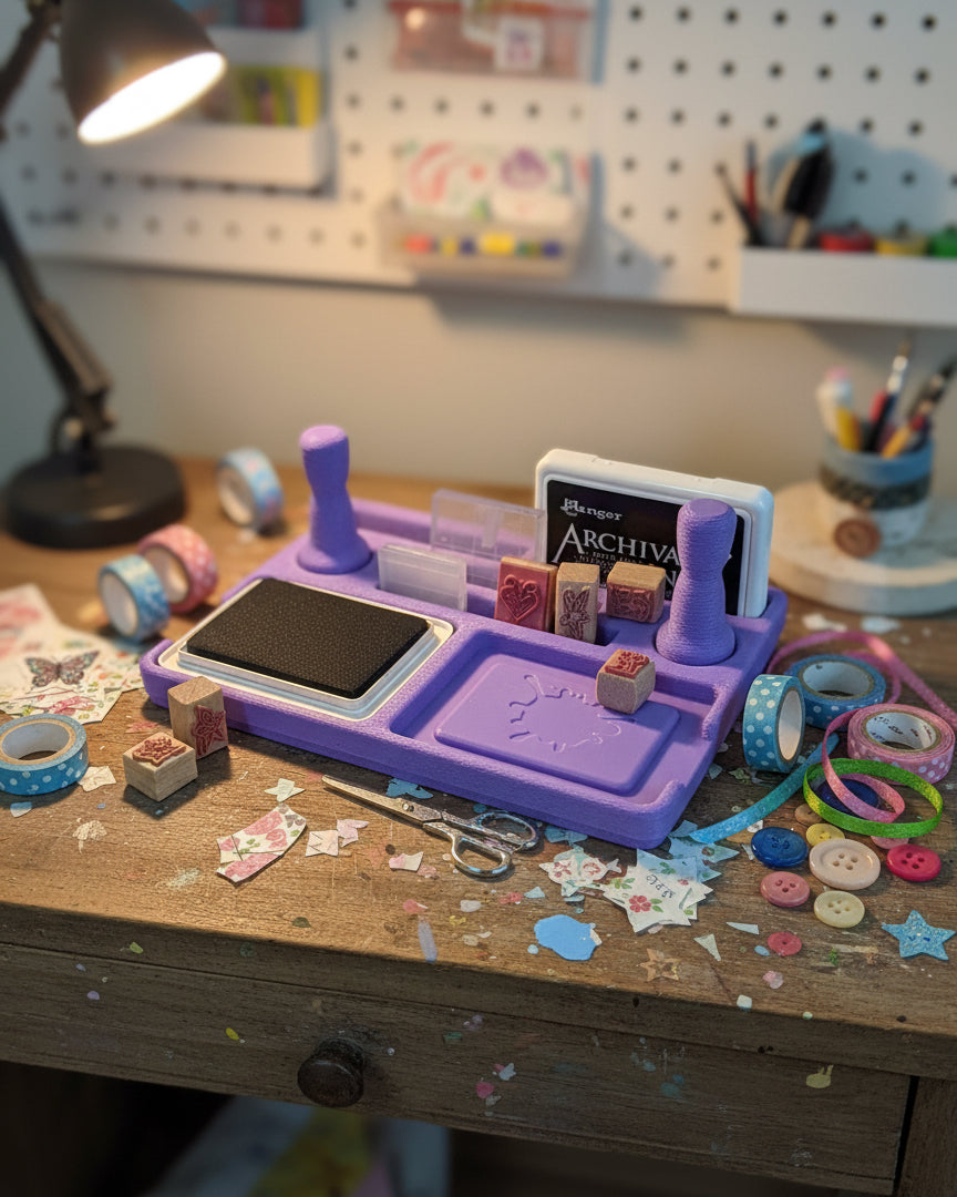Purple stamping station with ink pad and archival ink cartridge on a white background