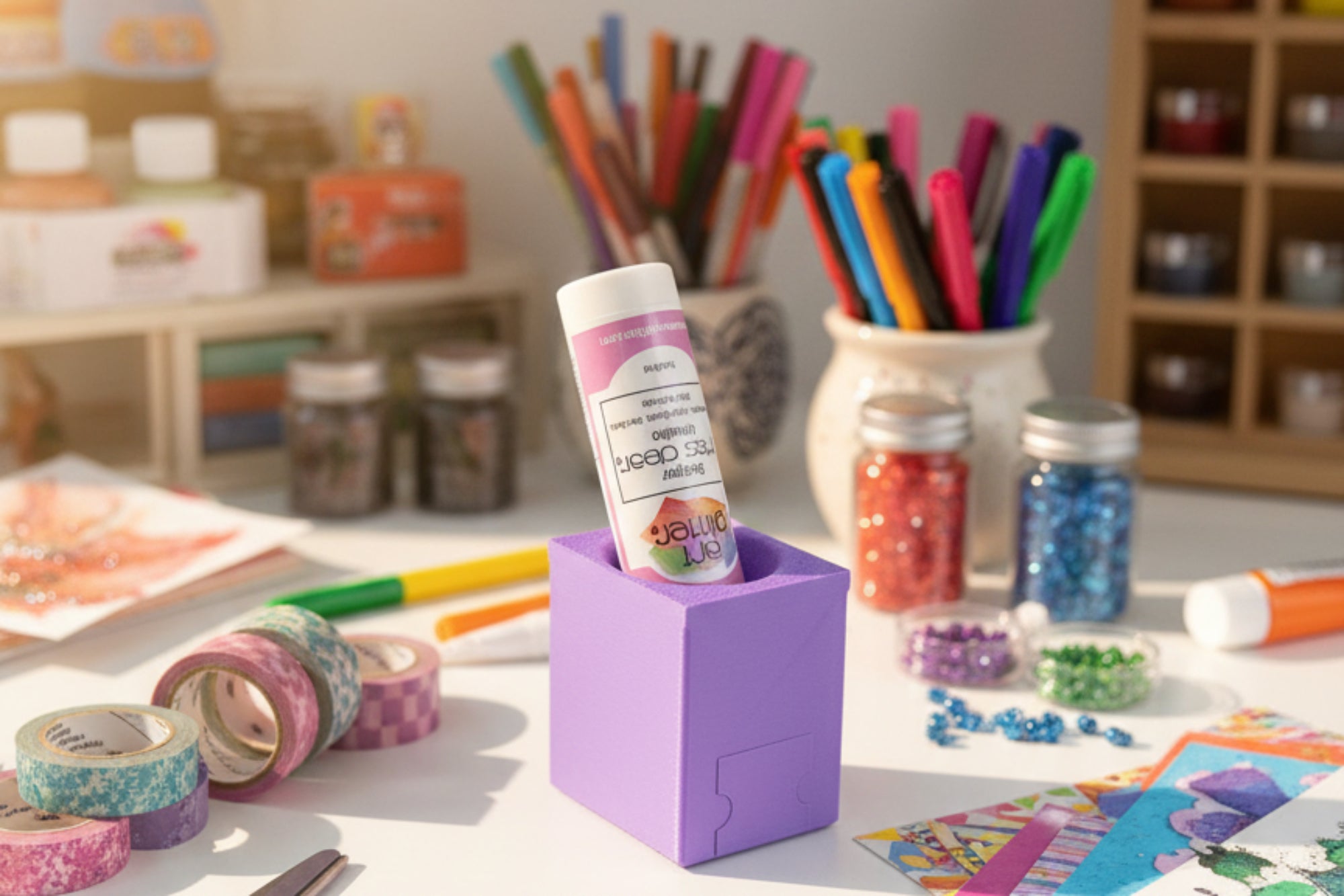 Purple stand holding a cylindrical product with a label on a gray surface