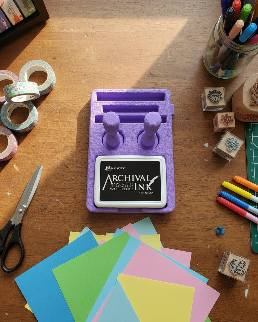 Purple ink pad with two stamps on a white background