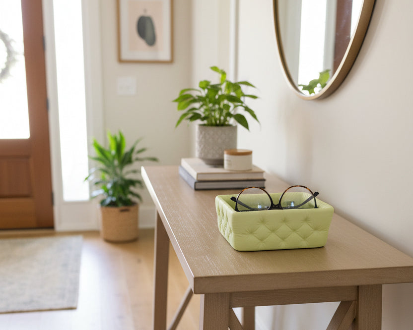 Green cushion with glasses and a book on a white background