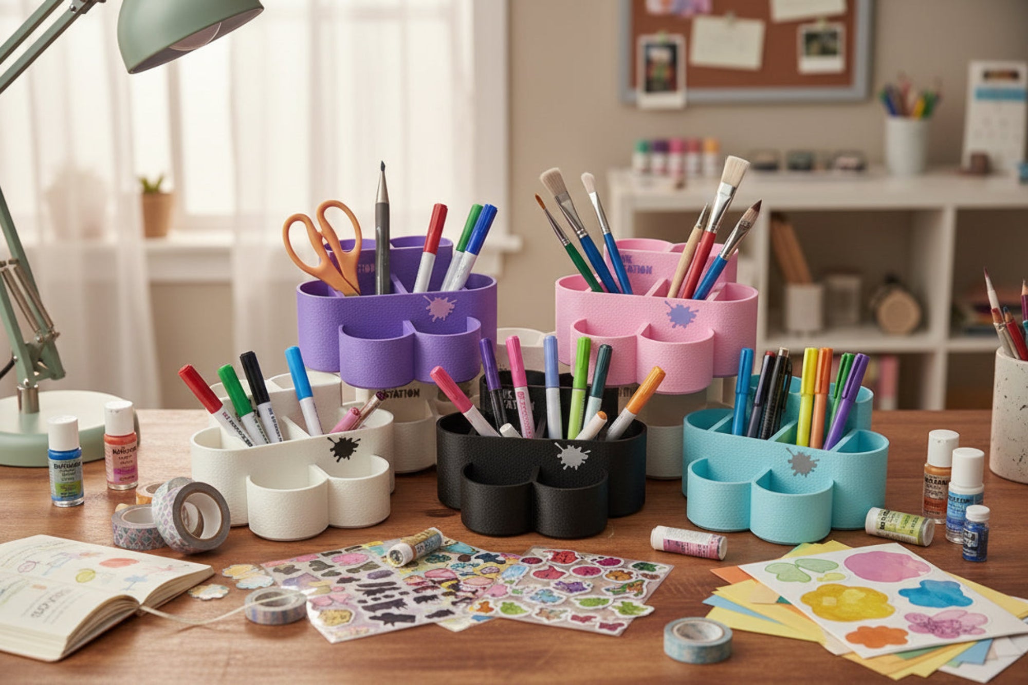 Colorful stationery organizer with various compartments on a white background