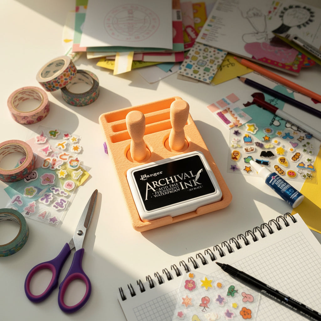 Archival ink pad with wooden applicators on a white background