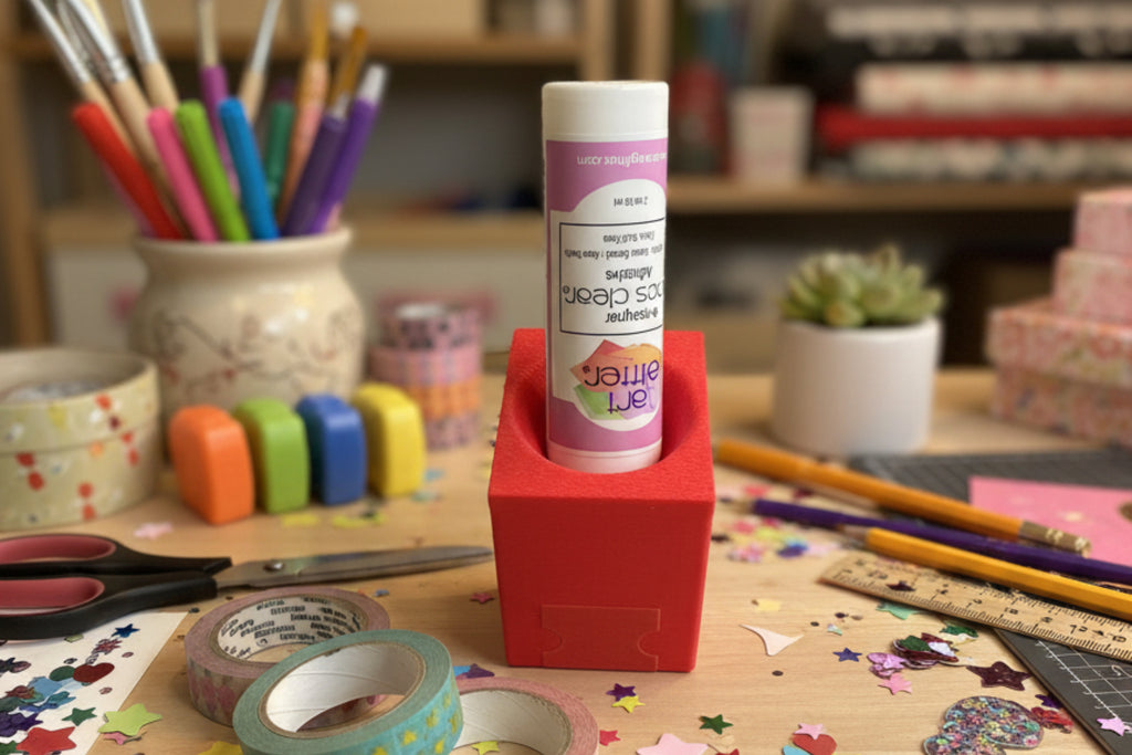 White cylindrical container with a pink label on a red stand against a white background