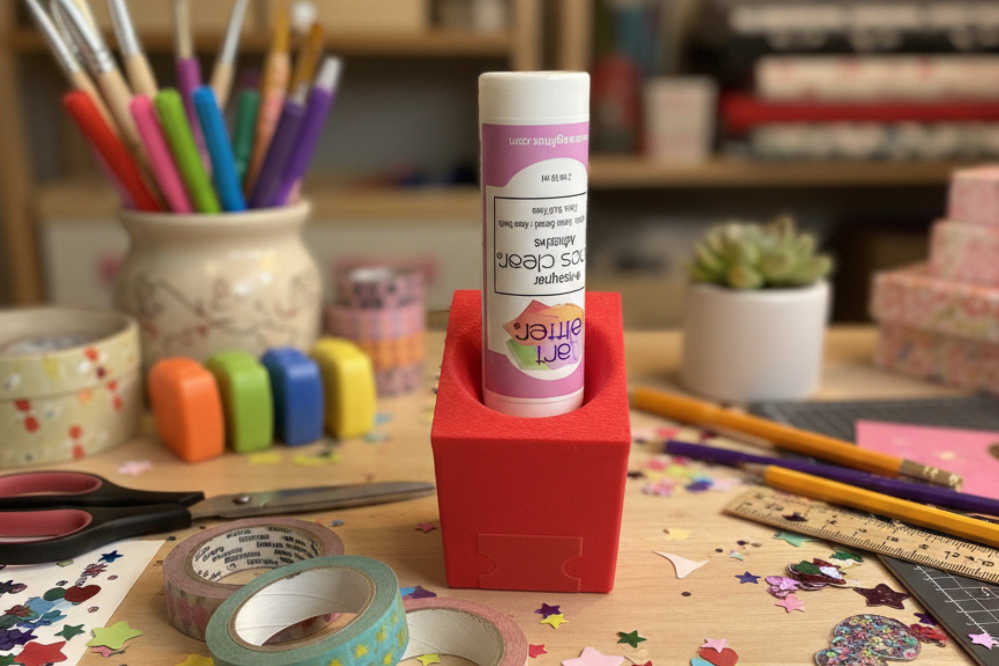 White cylindrical container with a pink label on a red stand against a white background