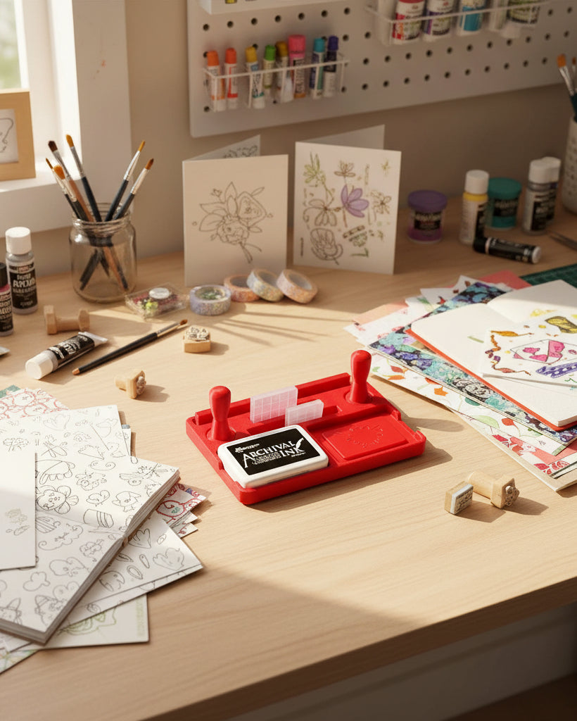 Red ink pad with archival ink cartridge on a white background