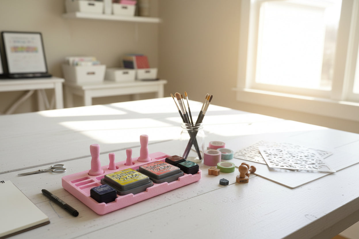 Pink container with multiple compartments holding various items on a white background
