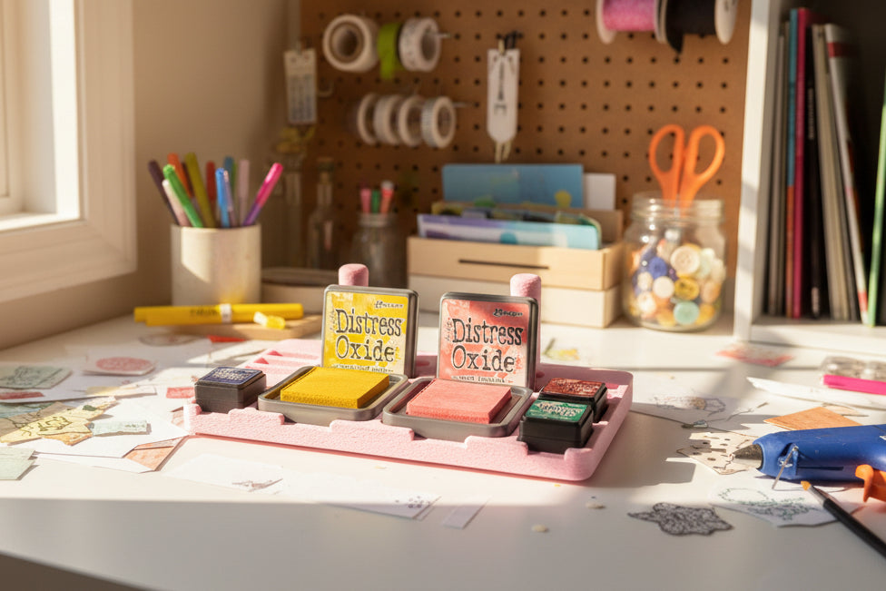 Four ink pads with visible brand names in a pink holder on a white background