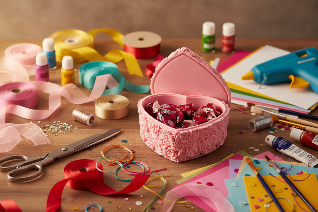 Pink heart-shaped candy dish with red candies on a white background