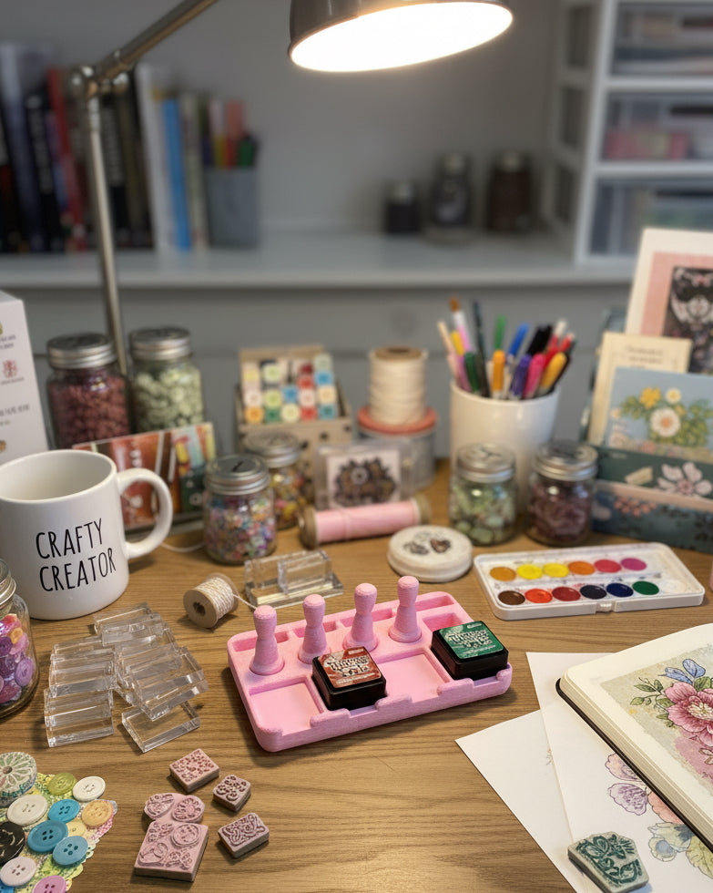 Pink holder with four cylindrical slots containing 'Distress Oxide' reagents on a white background