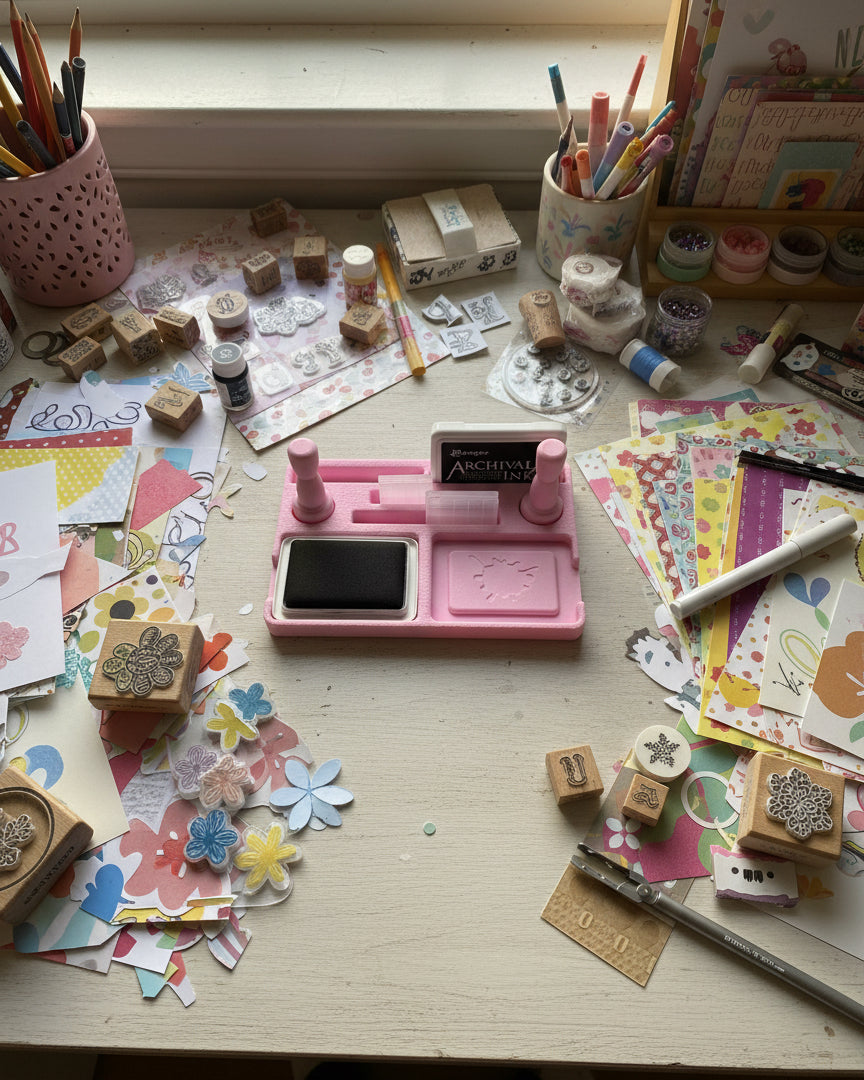Pink stamp pad with ink pad and archival ink cartridge on a white background