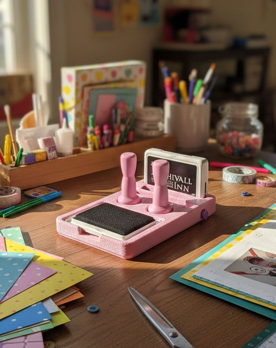 Pink stamp set with two stamps and a ink pad on a white background