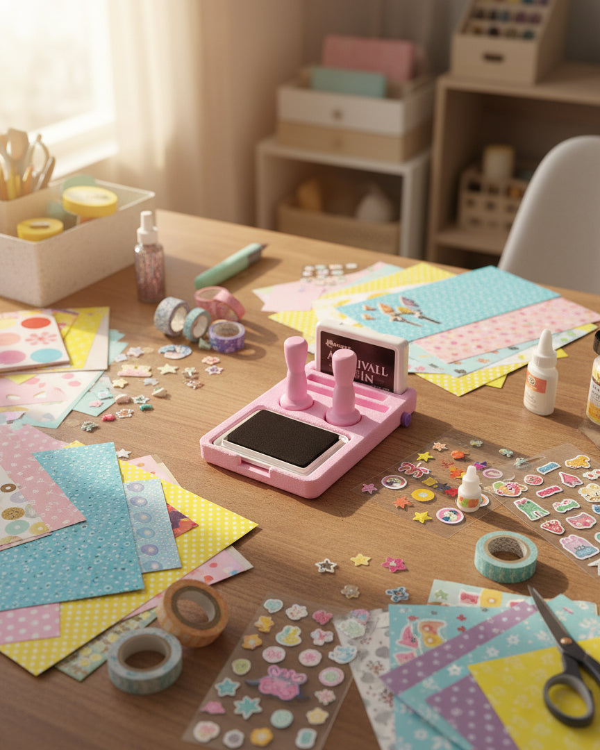 Pink stamp holder with a black ink pad on a white background