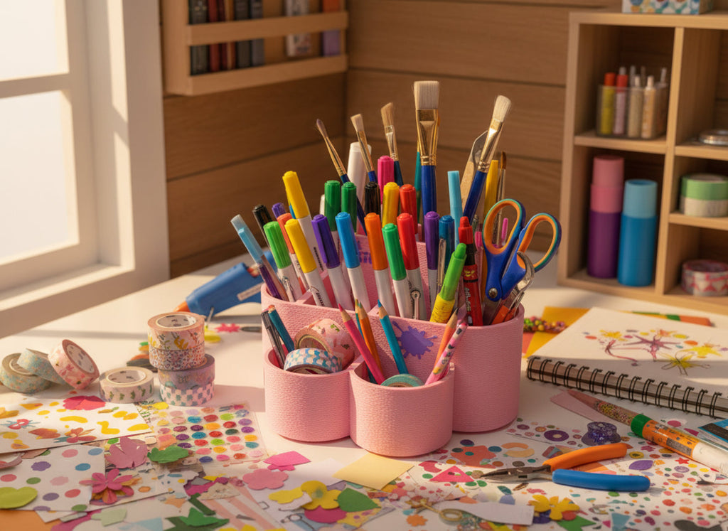 Pink ink station with multiple compartments on a white background
