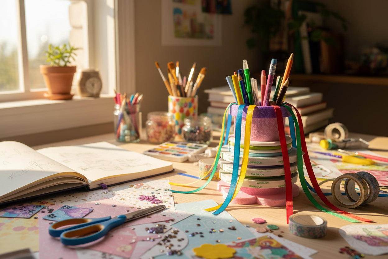 Pink and purple holder with colorful pencils and ribbons on a white background