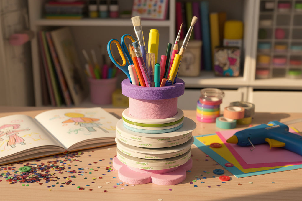 Stack of white bowls with colorful pens and markers on a white background