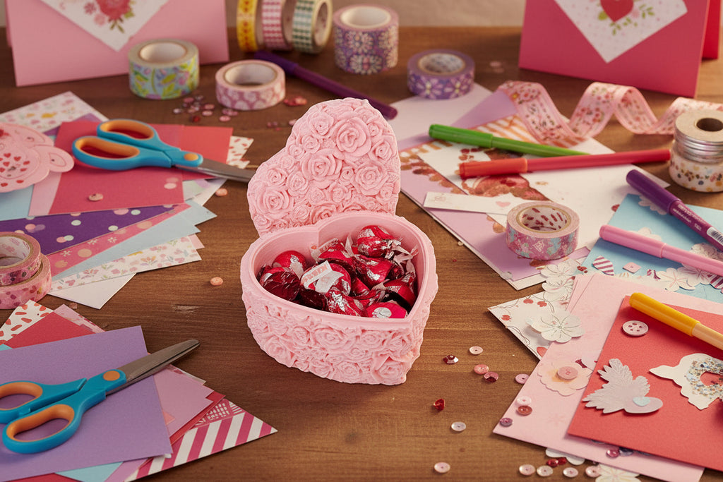 Pink heart-shaped candy box with rose patterns filled with red candies on a white background