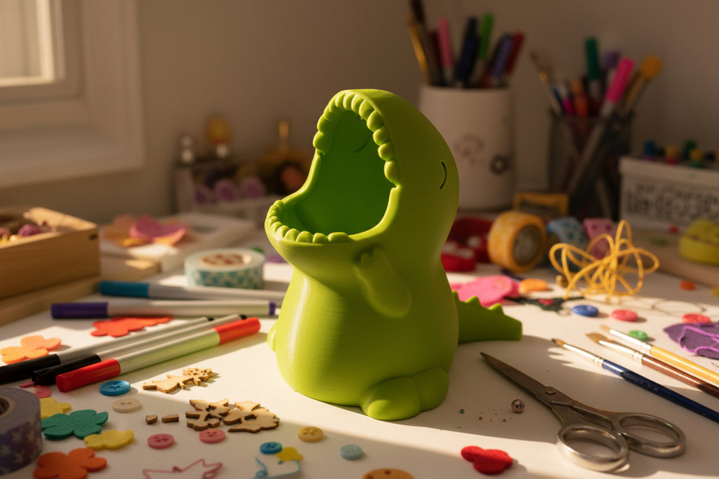 Green shark-shaped container on a white surface