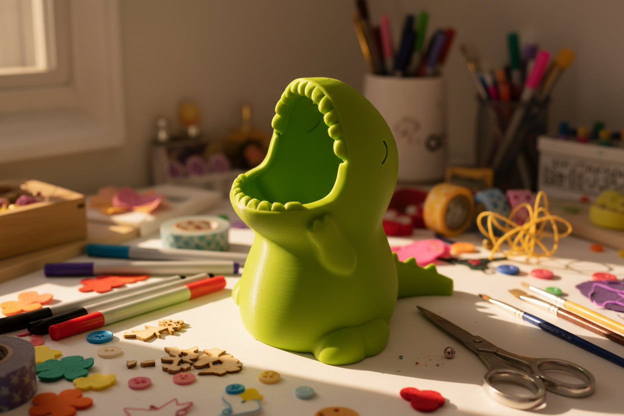 Green shark-shaped container on a white surface