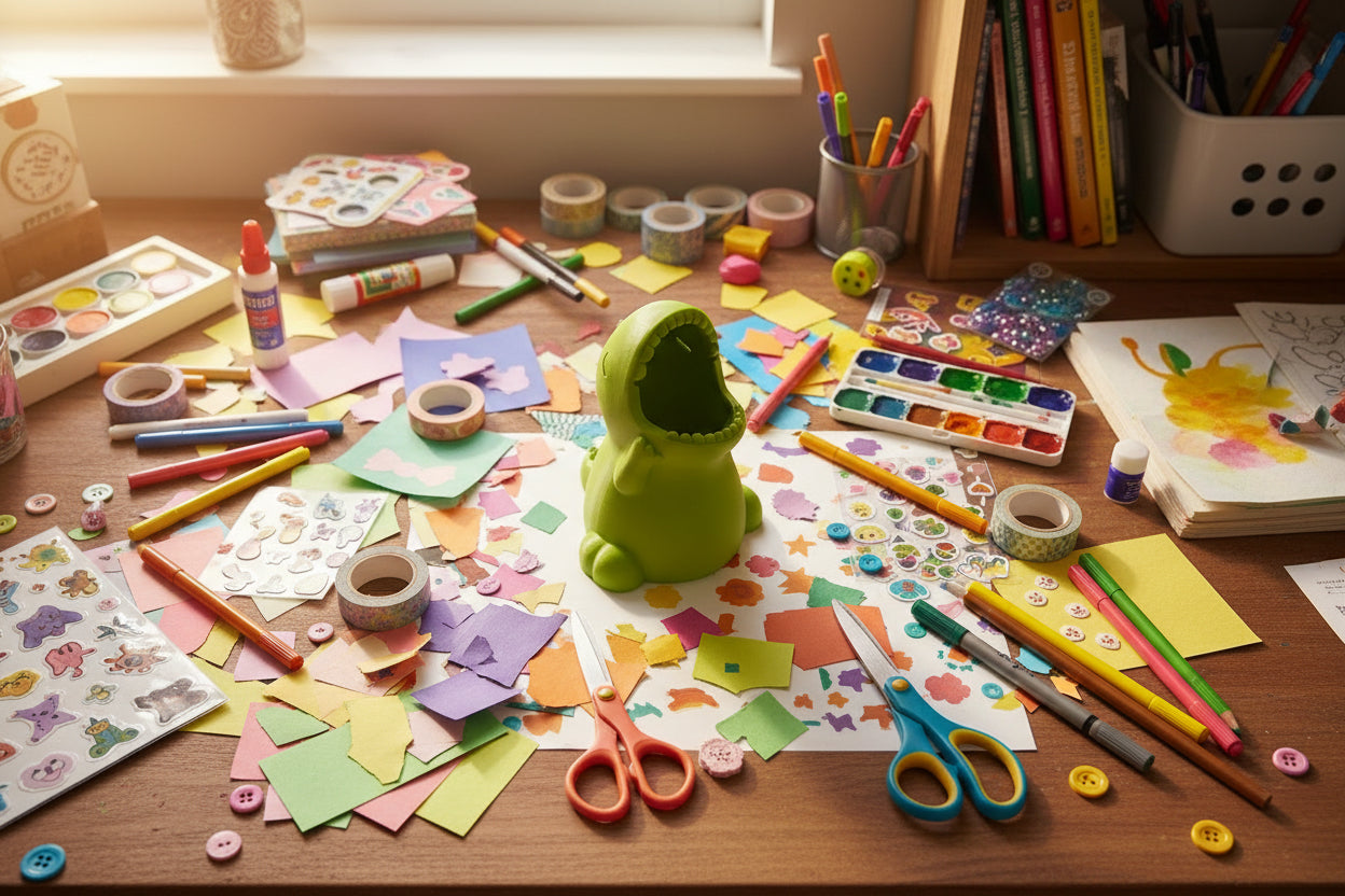Green hippo-shaped container on a white shelf