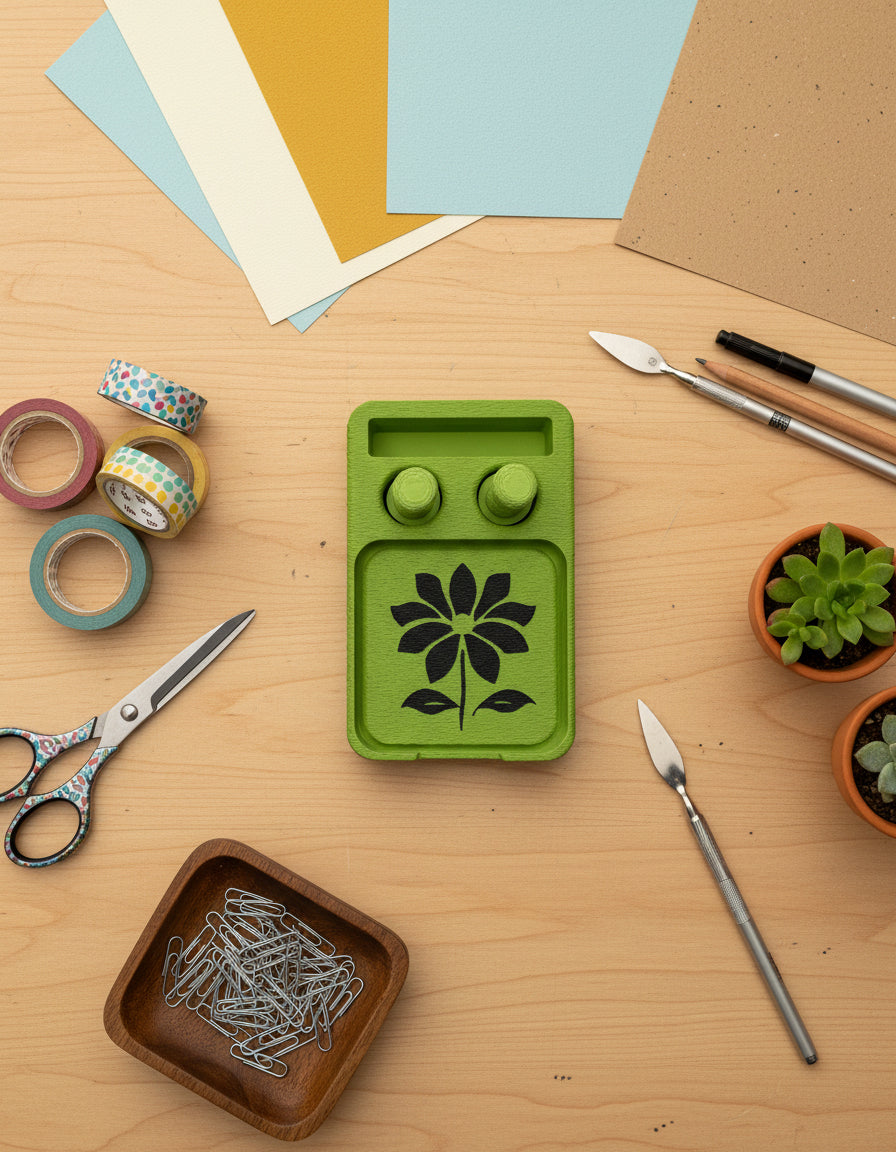 Green wooden block with black floral design on a white background