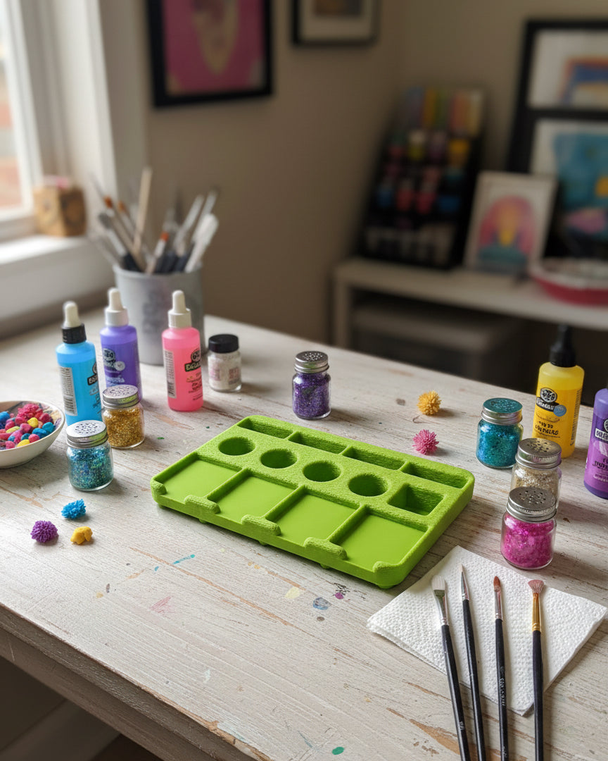 Green plastic tray with multiple compartments on a white background